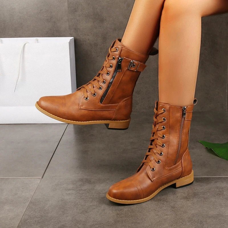 Women's Faux Leather Combat Ankle Boots - Brown