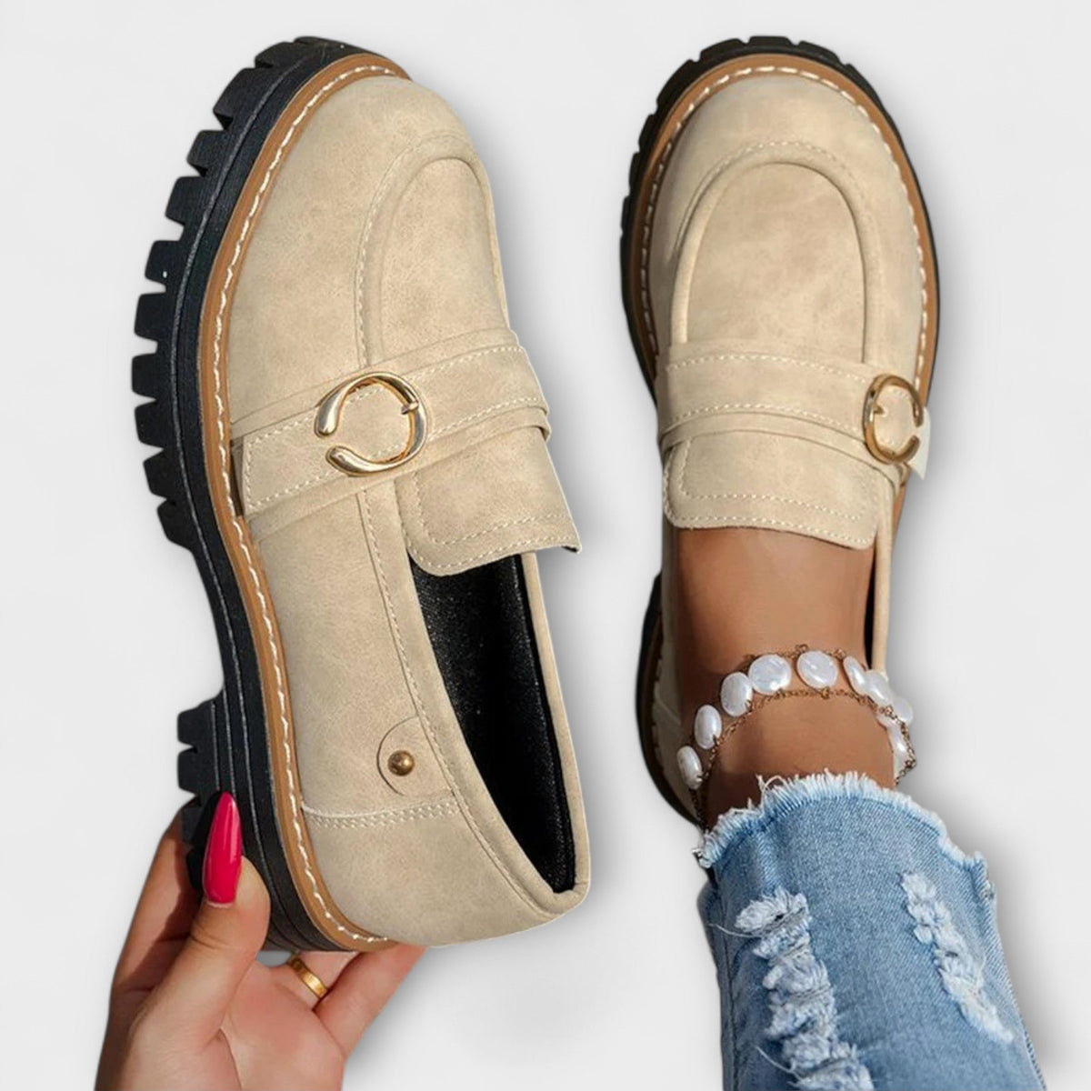 Women's Faux Suede Platform Loafers - Beige