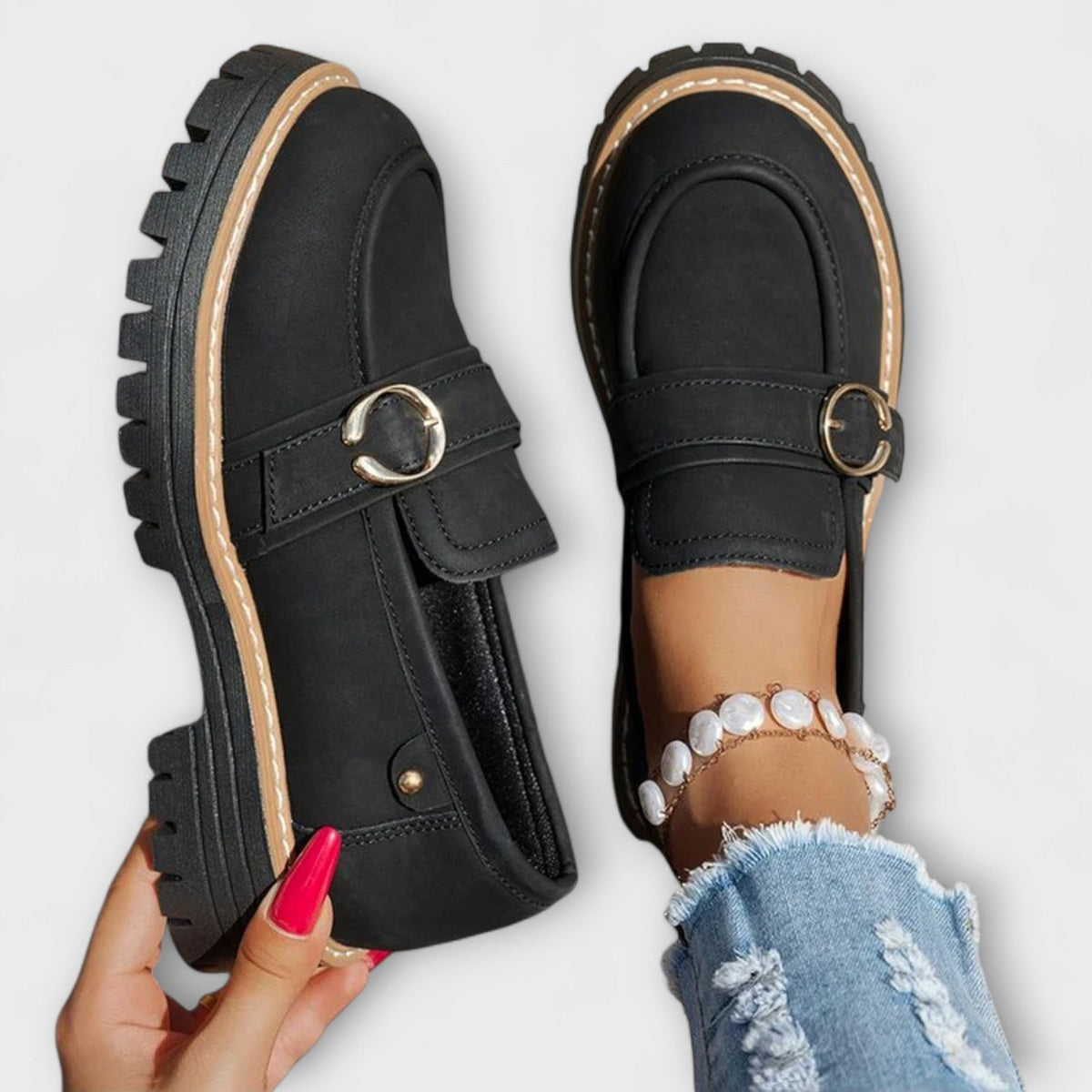 Women's Faux Suede Platform Loafers - Black