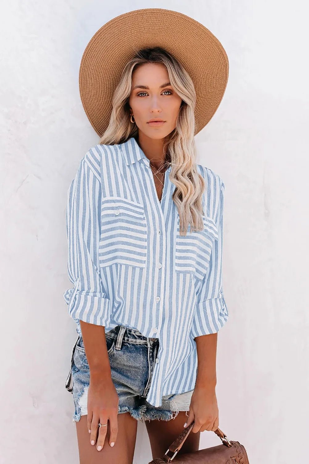 Women's Long Sleeve Striped Oversized Shirt - Blue