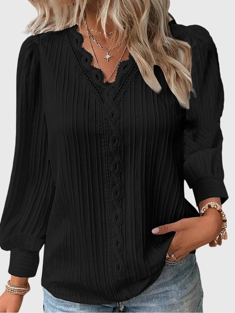 Women's Pleated V-Neck Blouse - Black