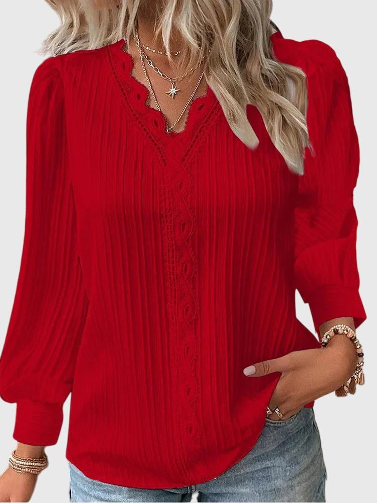 Women's Pleated V-Neck Blouse - Red