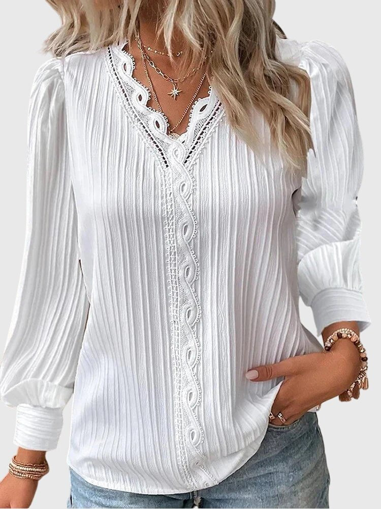 Women's Pleated V-Neck Blouse - White