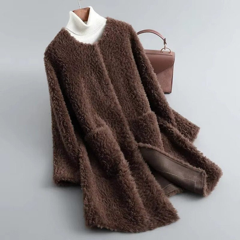 Women's Straight Teddy Coat - coffee color