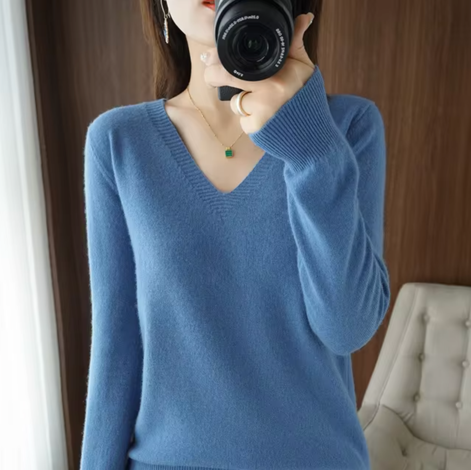 Claudia Women's V Neck Ribbed Sweater 1