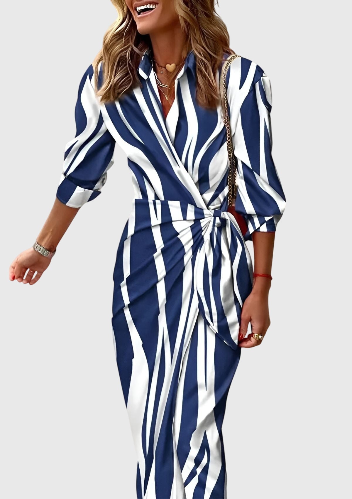 Cordelia Women's Striped Long Sleeve Wrap Midi Dress 11