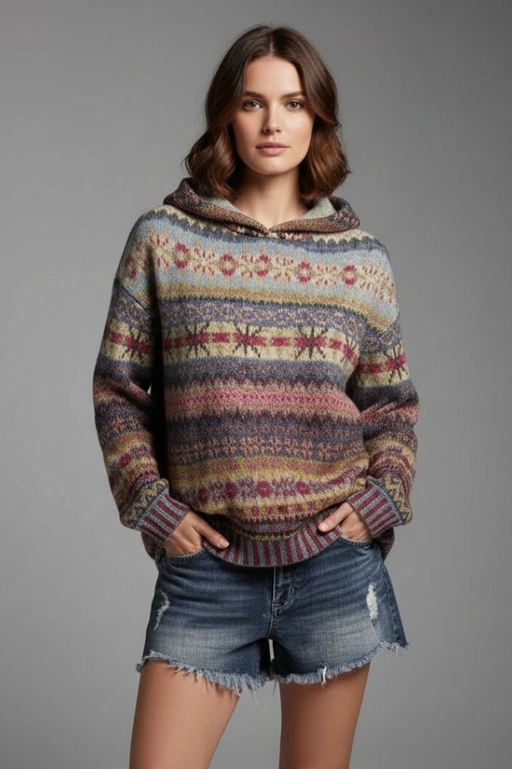 Women's Fair Isle Oversized Hoodie - Brown