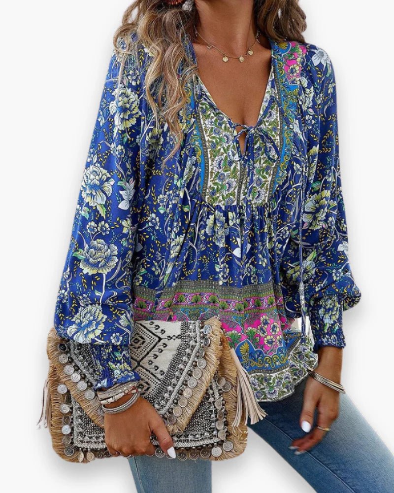 Women's Floral Peasant Blouse - Blue