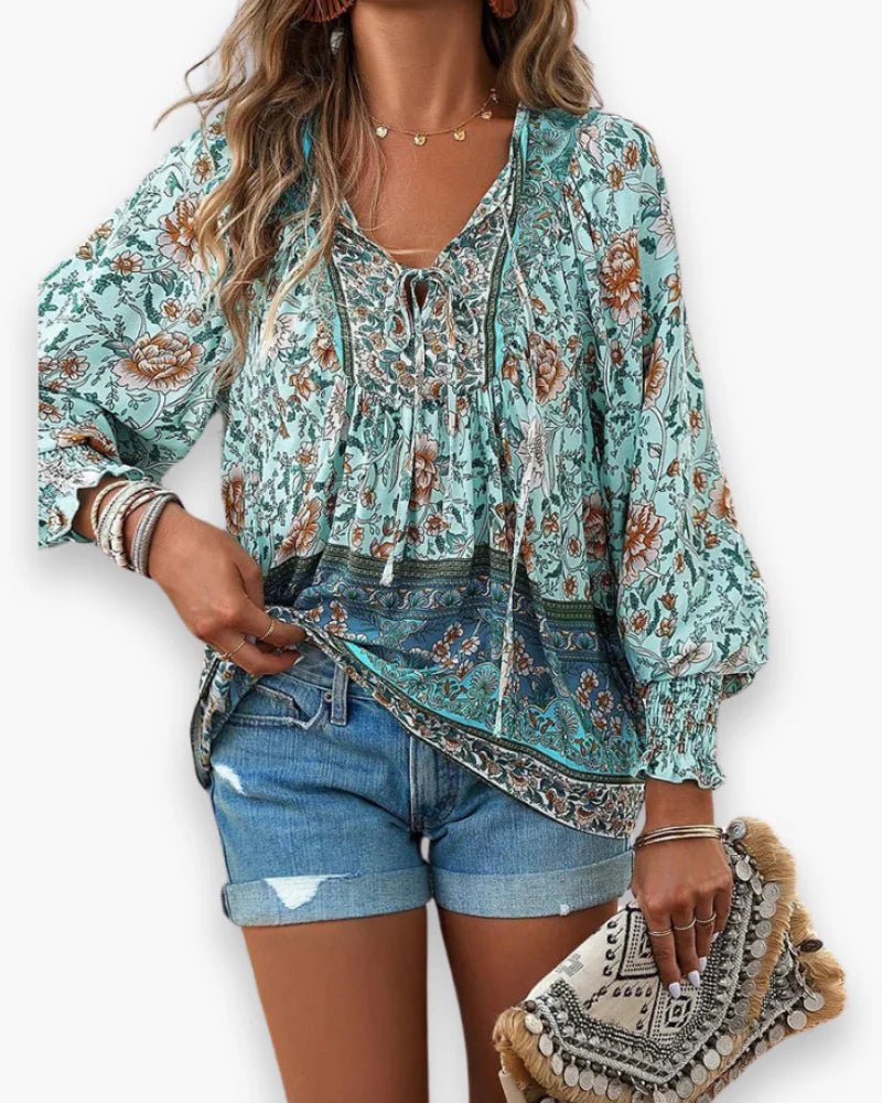 Women's Floral Peasant Blouse - Green