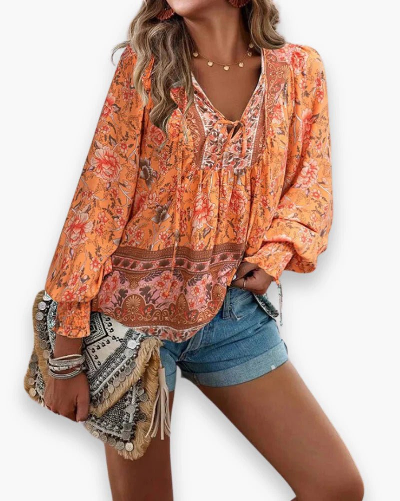 Women's Floral Peasant Blouse - Orange