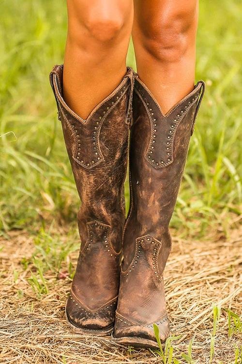 Women's Knee-High Leather Cowboy Boots - Brown