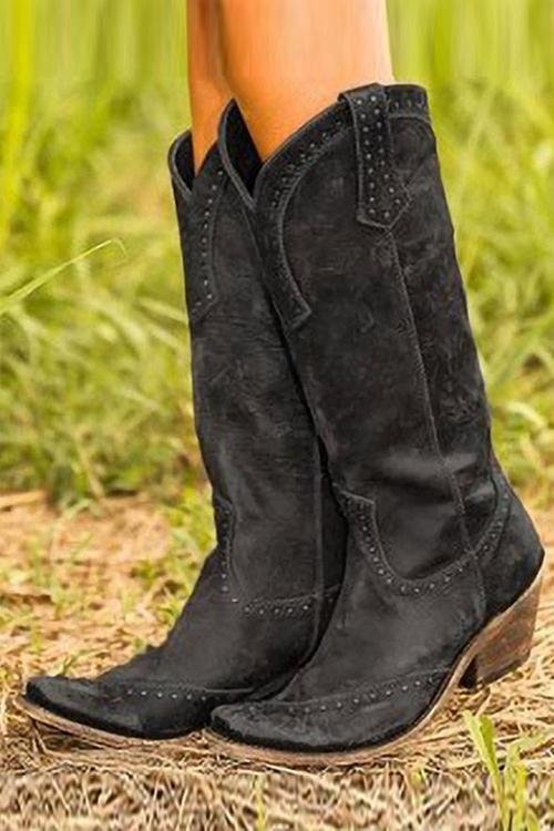 Women's Knee-High Leather Cowboy Boots - Black