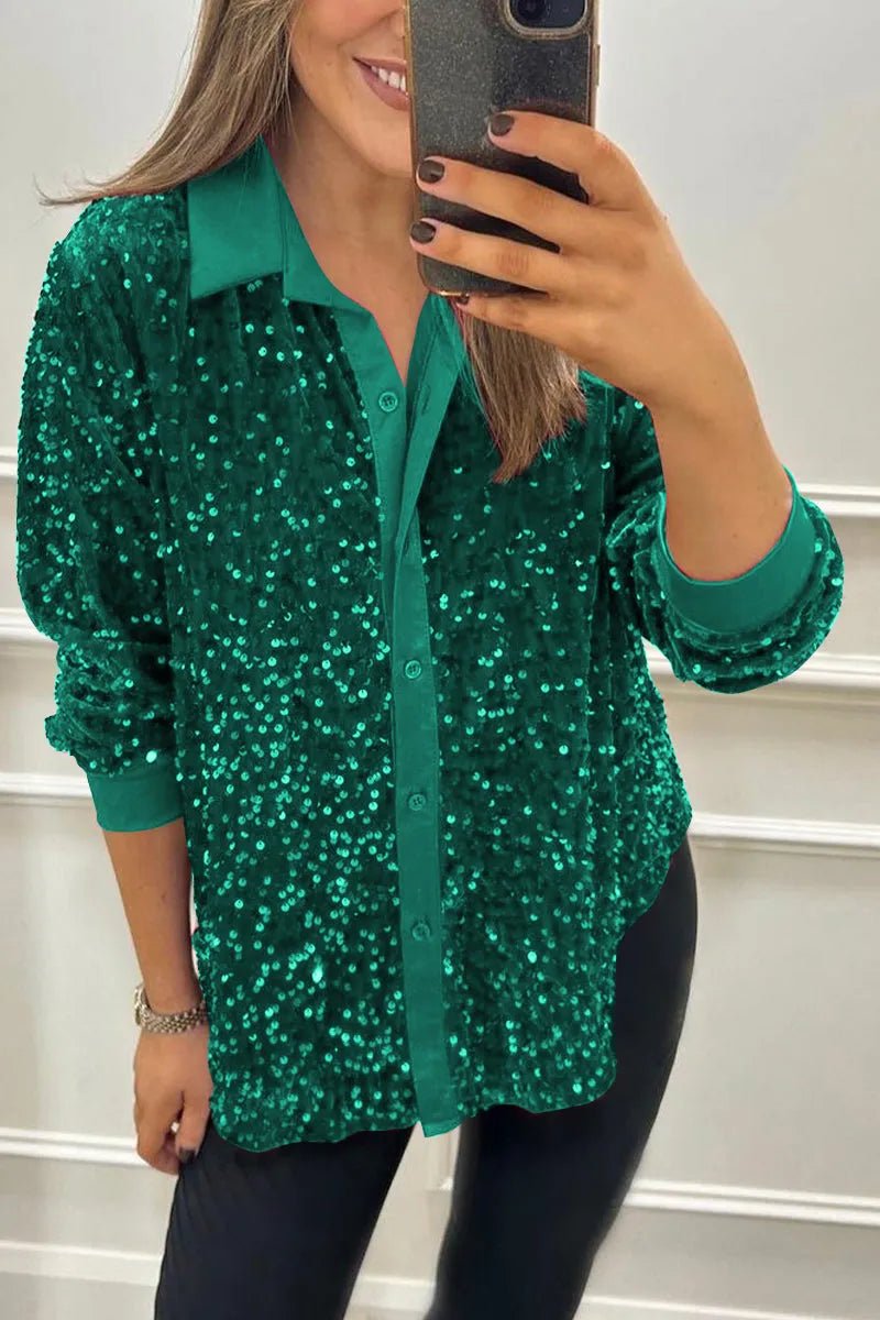 Women's Long Sleeve Oversized Sequin Shirt - Green