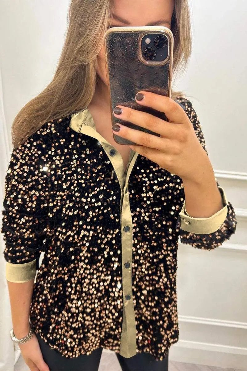 Women's Long Sleeve Oversized Sequin Shirt - Gold