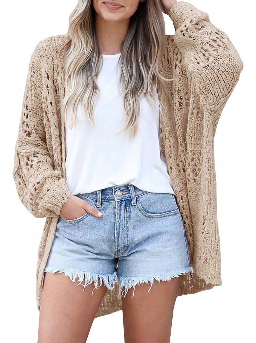 Women's Oversized Crochet Cardigan - Khaki
