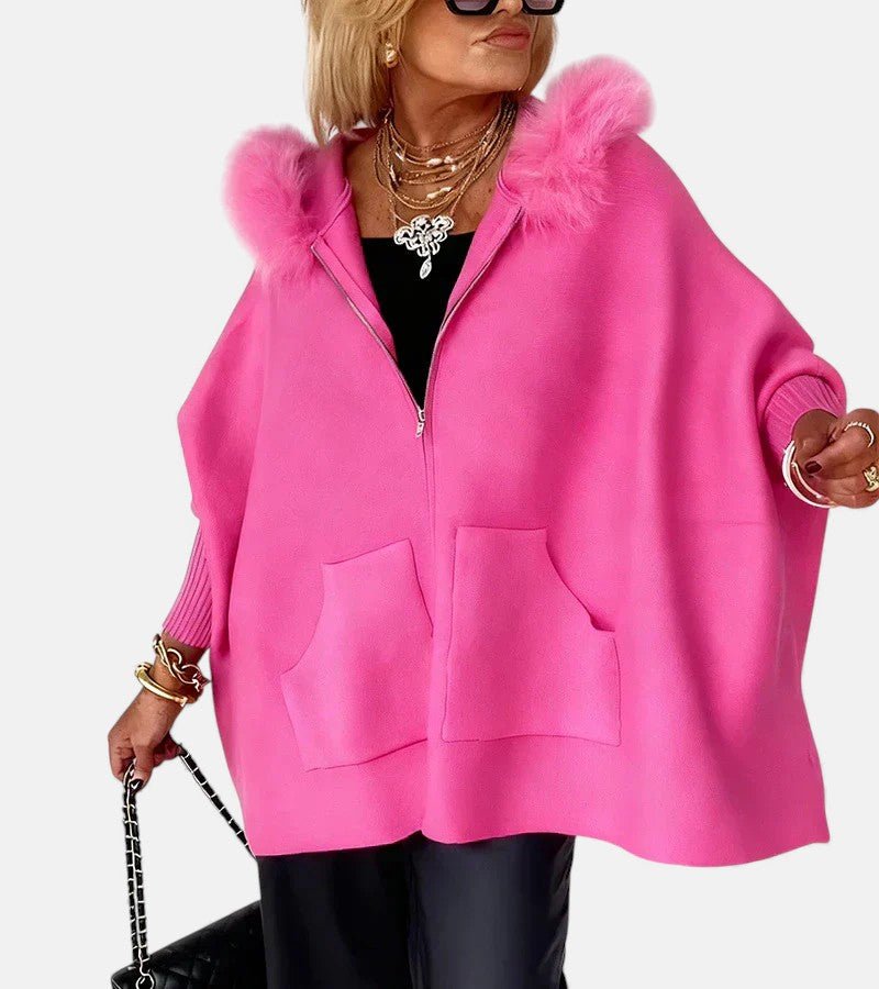 Women's Oversized Wool Hooded Cape Faux Fur Coat - Pink