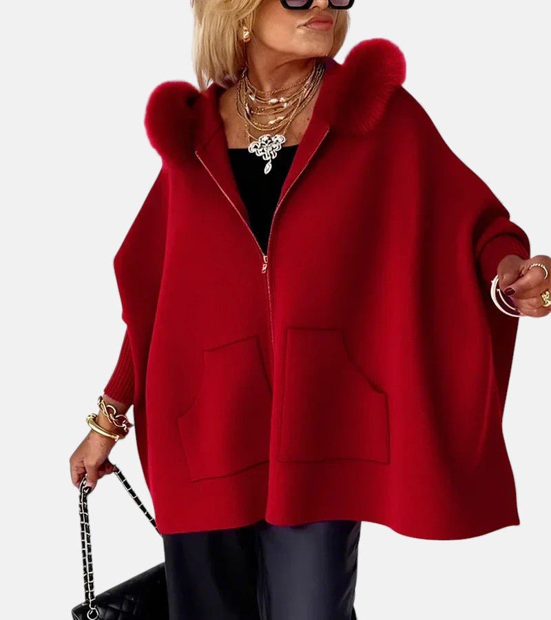 Women's Oversized Wool Hooded Cape Faux Fur Coat - Red