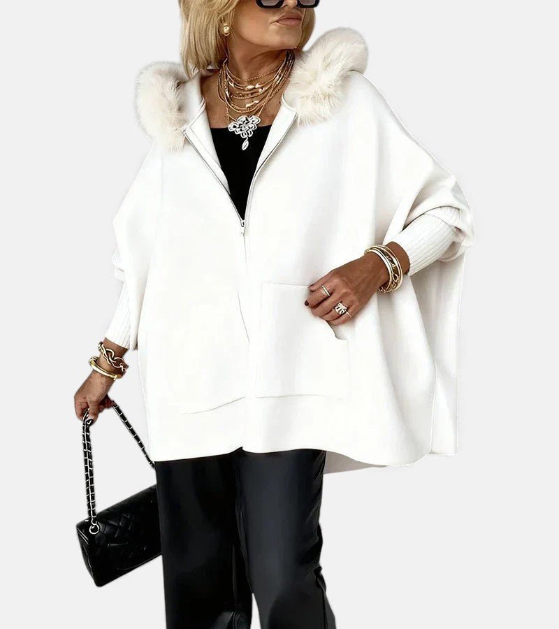Women's Oversized Wool Hooded Cape Faux Fur Coat - White