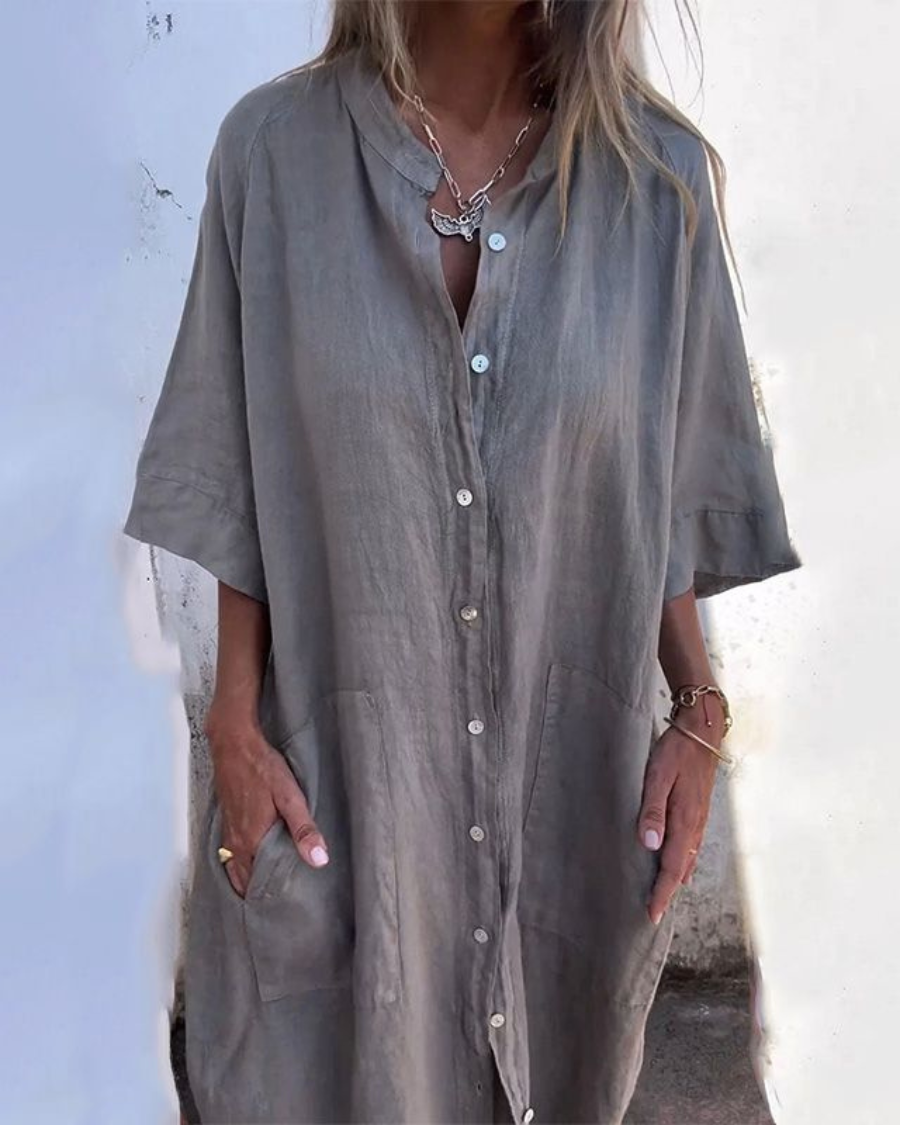Elena Women's Linen Button Front Shirt Dress 1