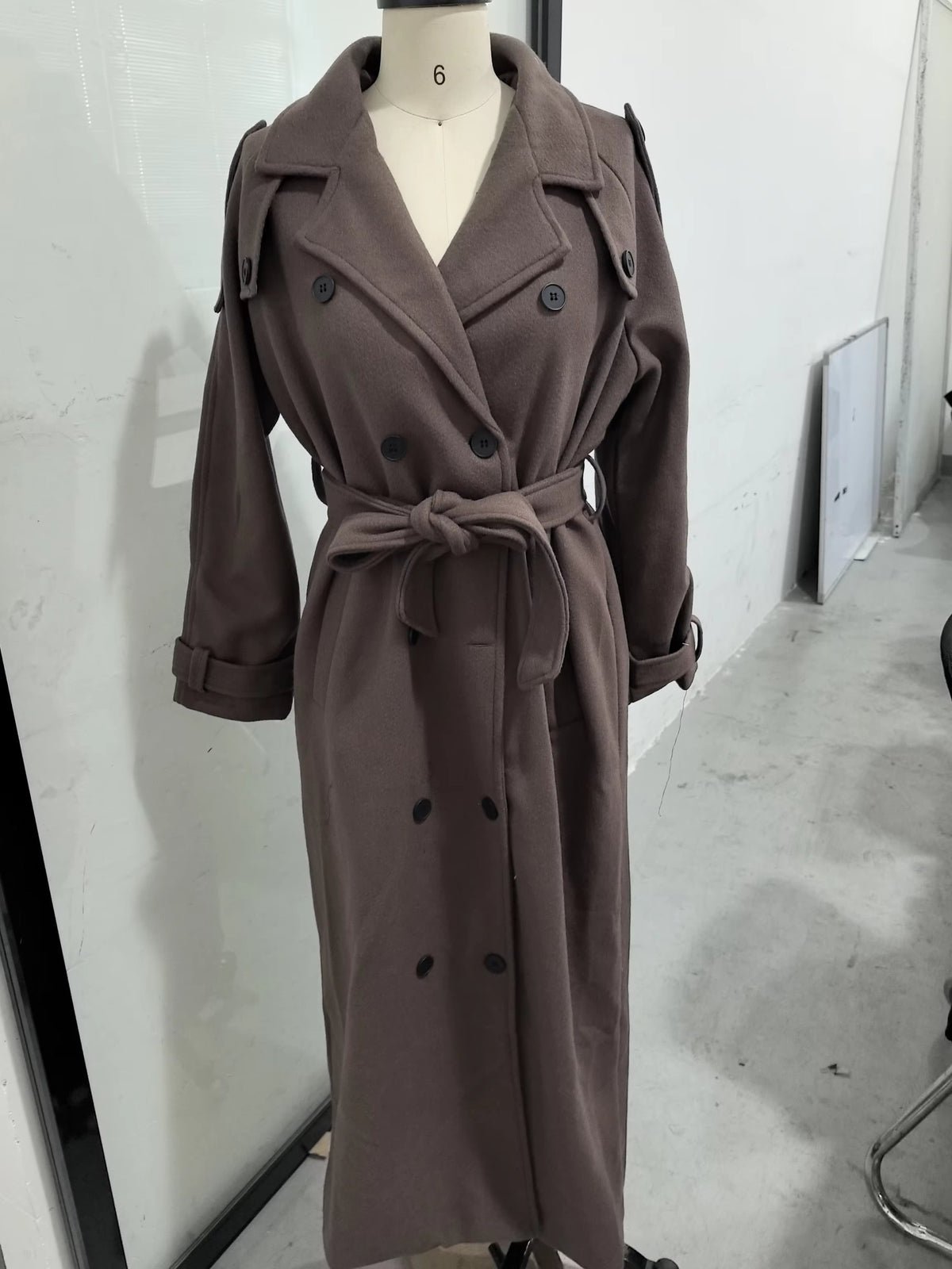 Women's Wool Double-Breasted Trench Coat - Brown 3