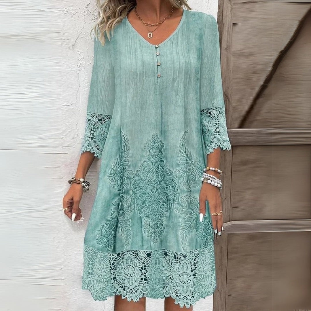 Embroidered Lace Shift Dress - Green