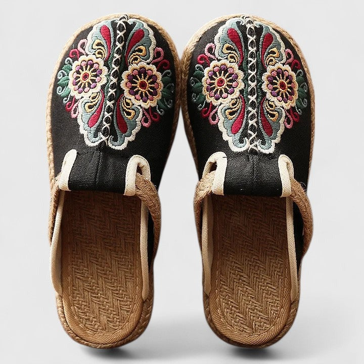 Embroidered Platform Mules - Black