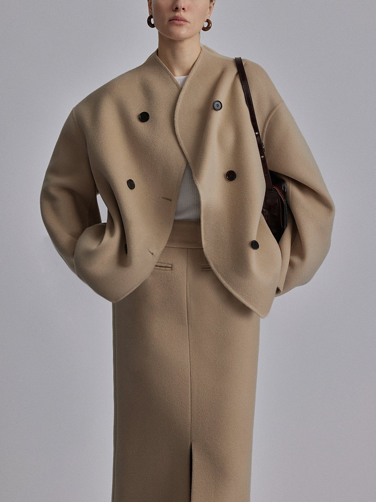 Women's Cropped Wool Coat - Khaki
