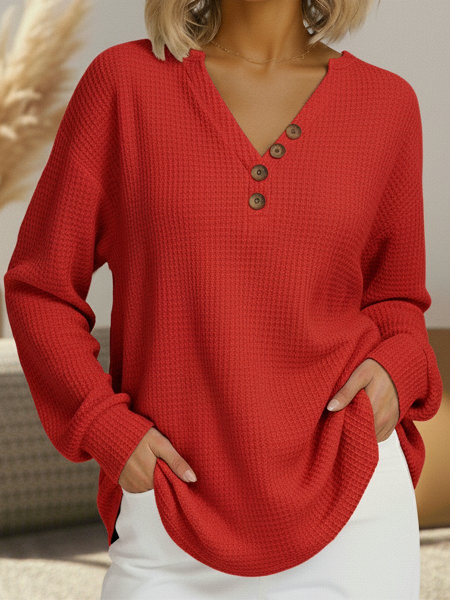 Women's Long Sleeve Oversized Waffle Knit Henley - Red