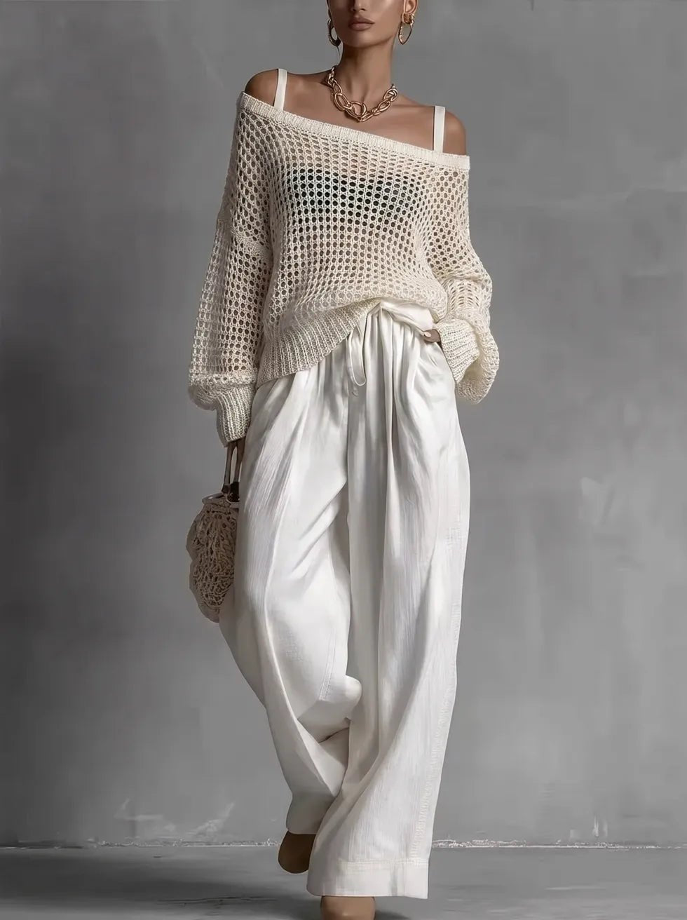 Women's Off-Shoulder Crochet Sweater - White