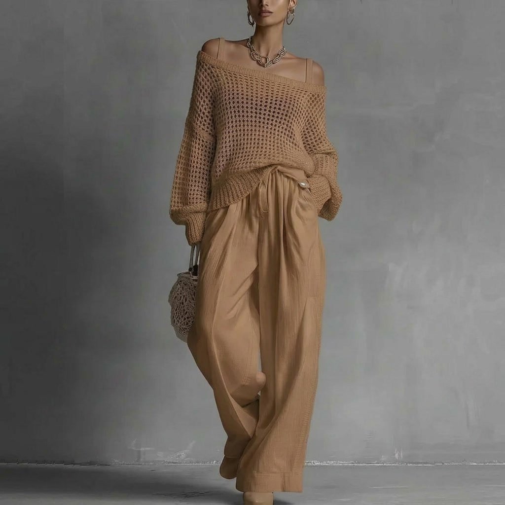 Women's Off-Shoulder Crochet Sweater - Khaki