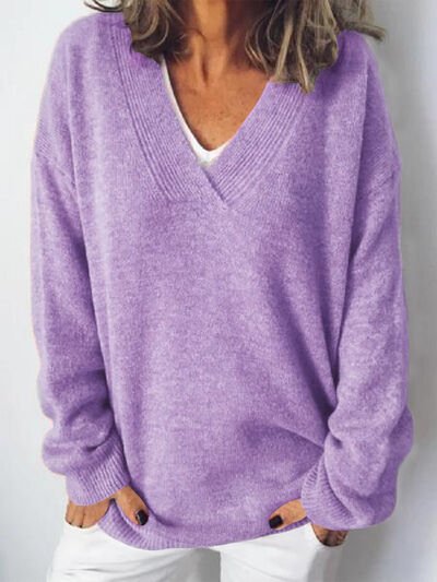 Women's Oversized V-Neck Sweater - Purple