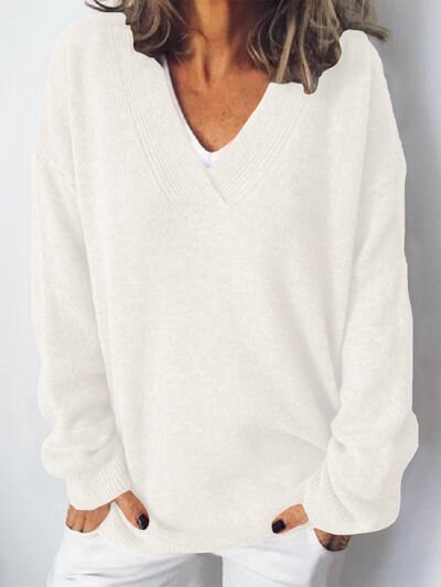 Women's Oversized V-Neck Sweater - White