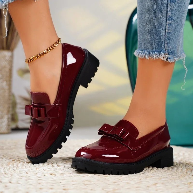 Women's Patent Leather Bow Loafers - Burgundy