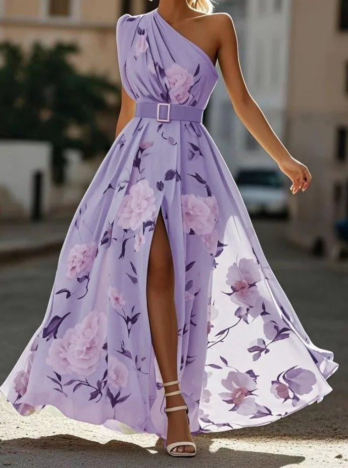 Floral One Shoulder Maxi Dress - Purple