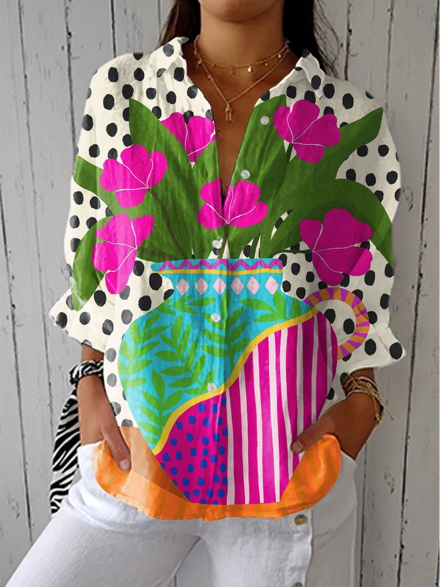 Women's Long Sleeve Oversized Floral Shirt - Multicolor