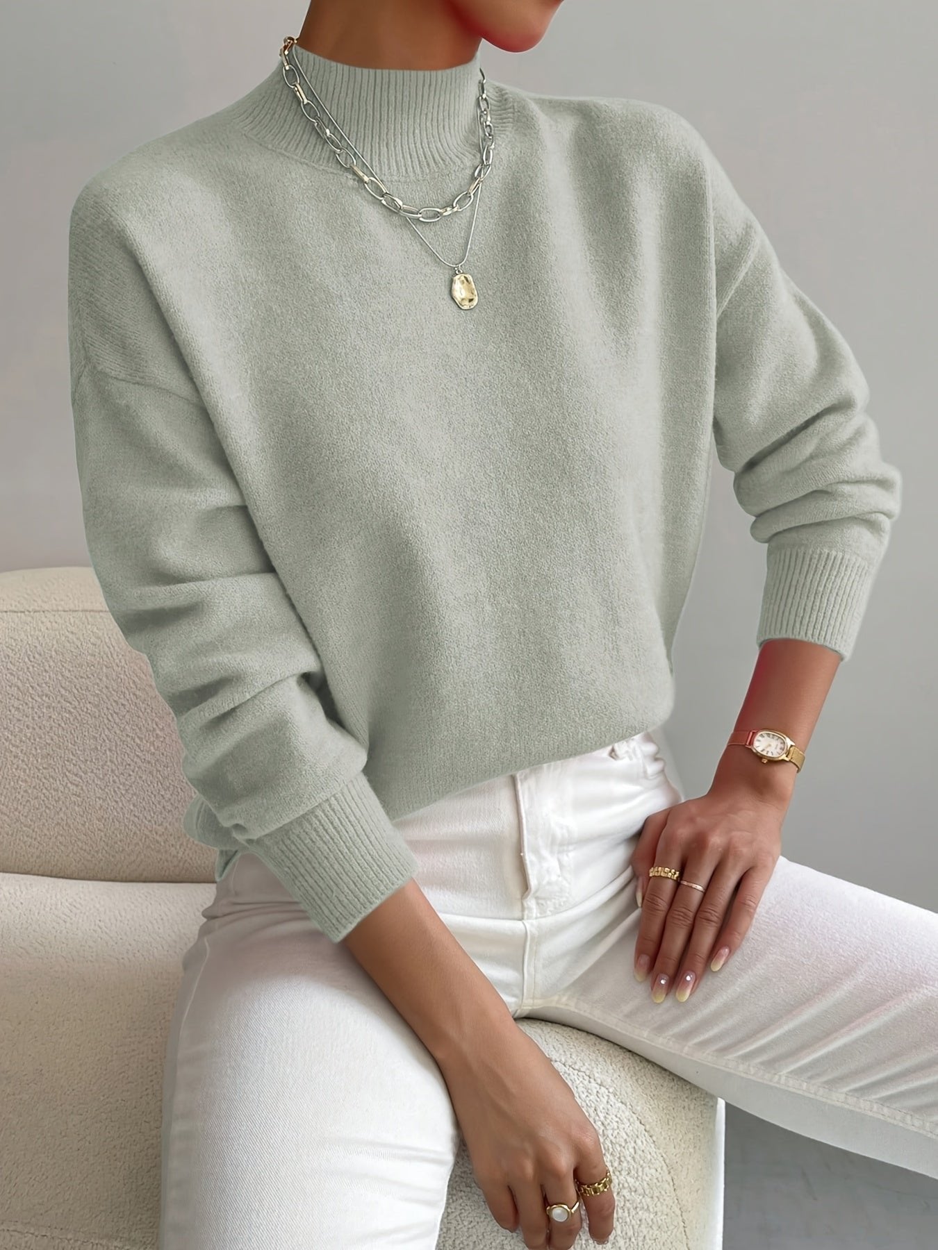 Women's Oversized Mock Neck Sweater - Light Green