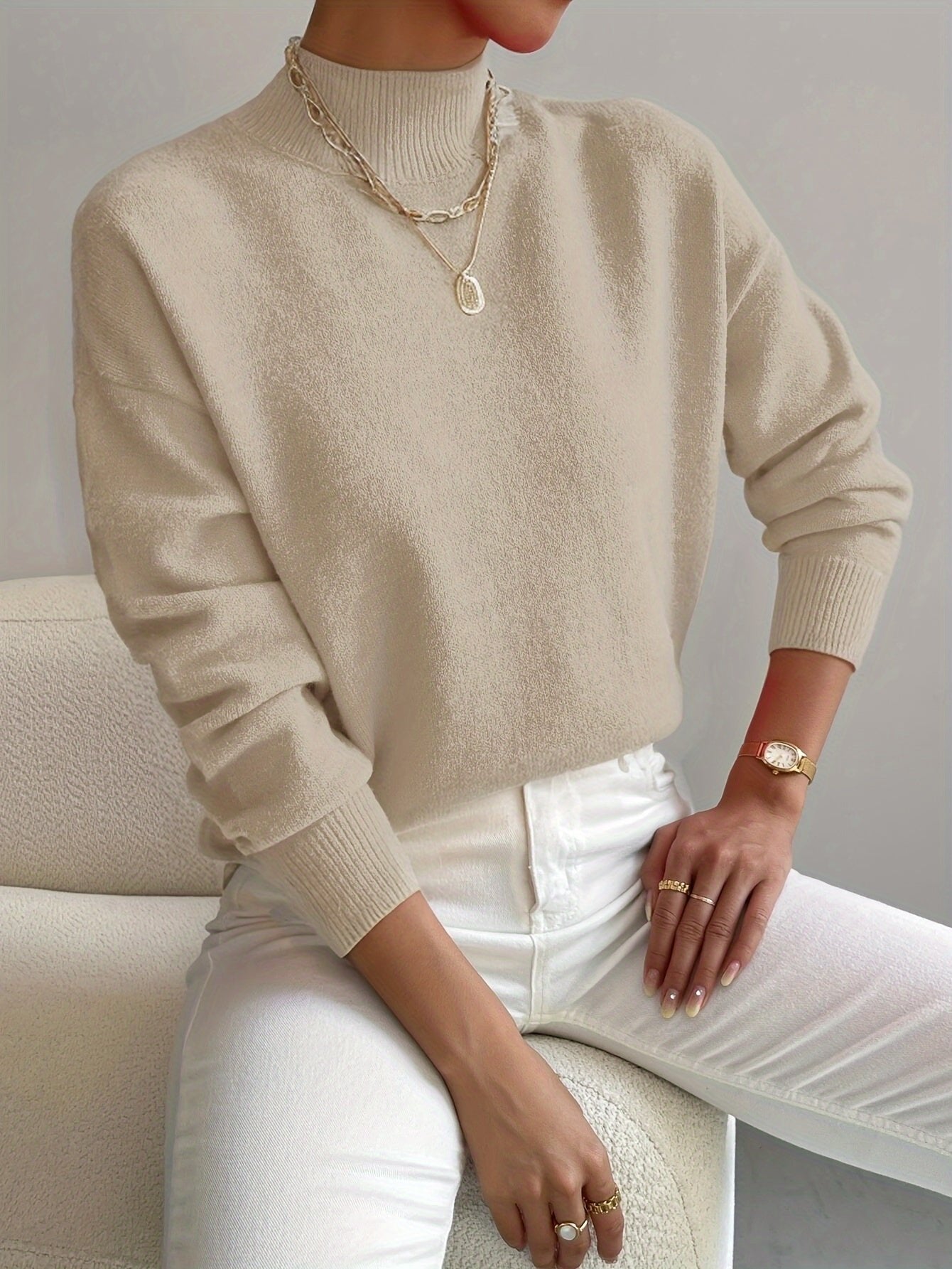 Women's Oversized Mock Neck Sweater - Beige