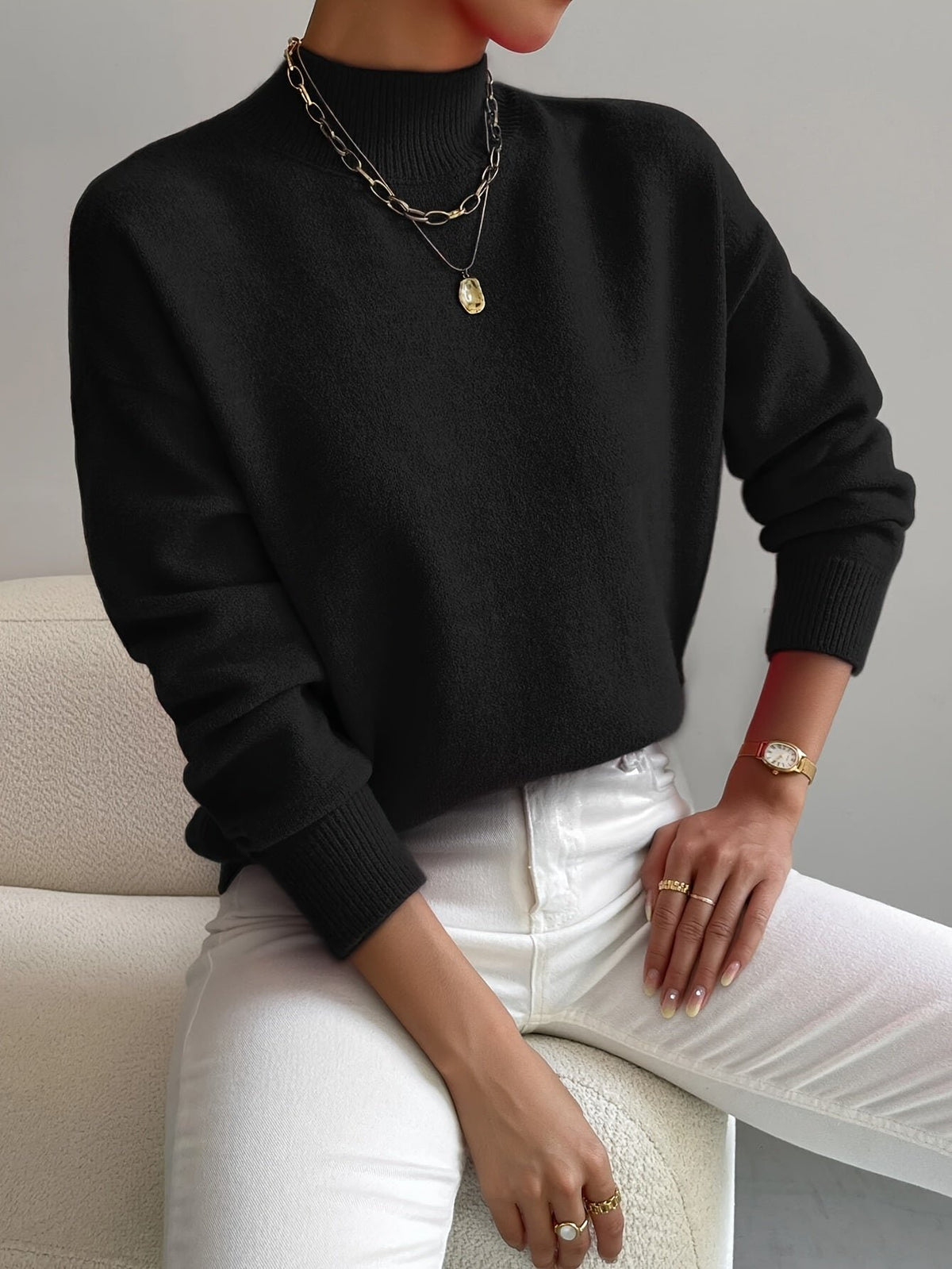Women's Oversized Mock Neck Sweater - Black