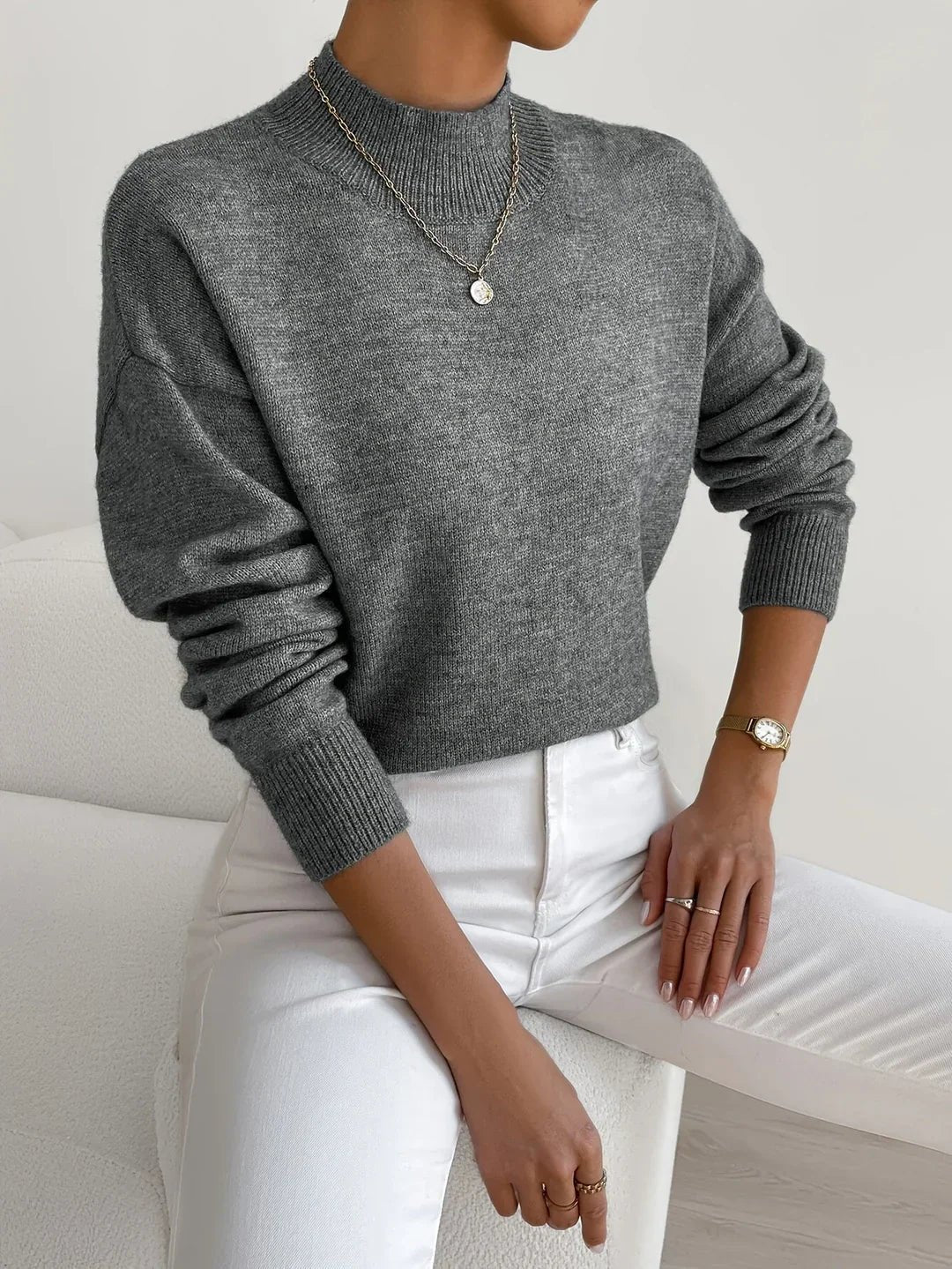 Women's Oversized Mock Neck Sweater - Dark Gray
