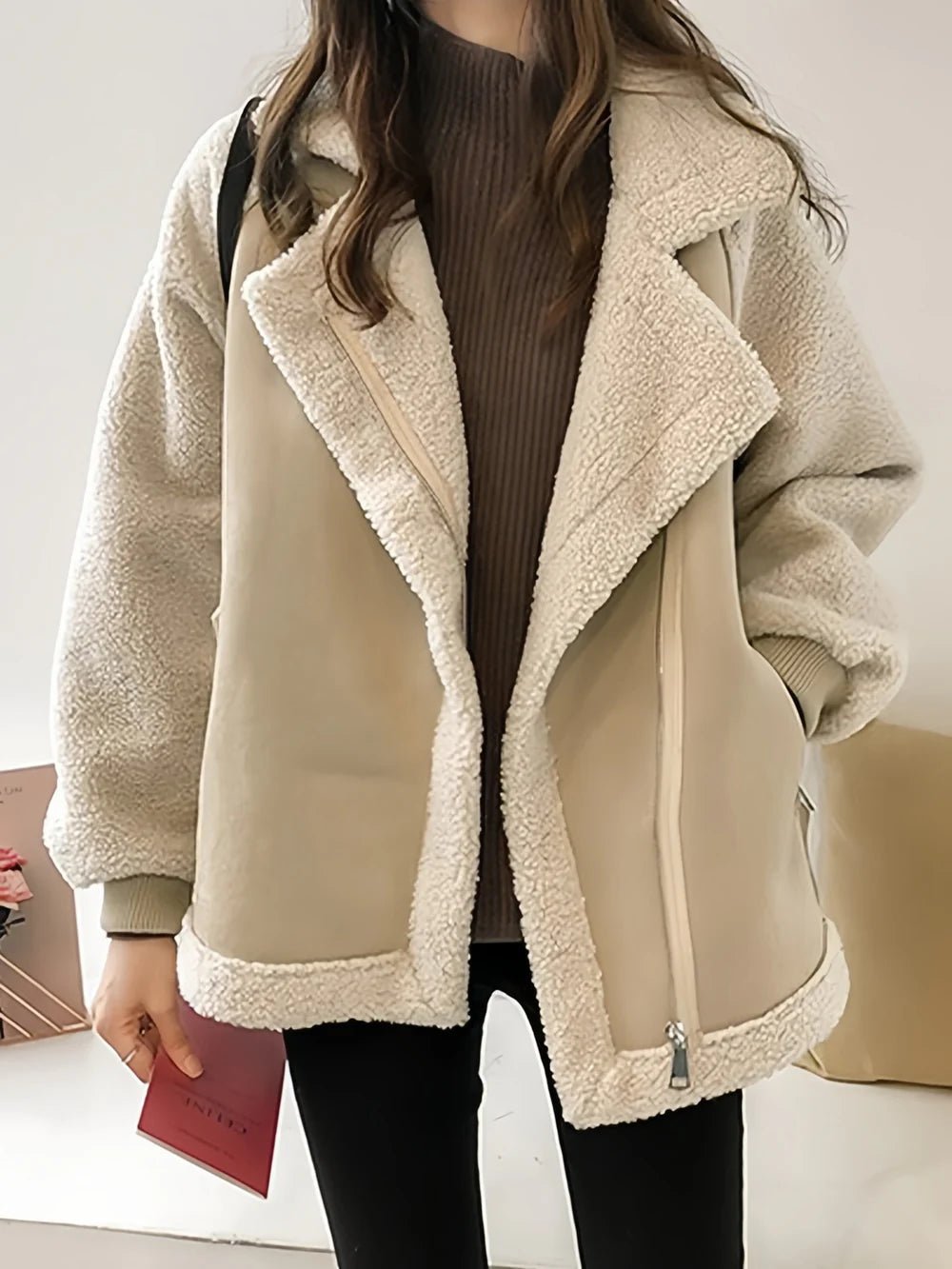 Women's Oversized Suede Moto Jacket - Apricot