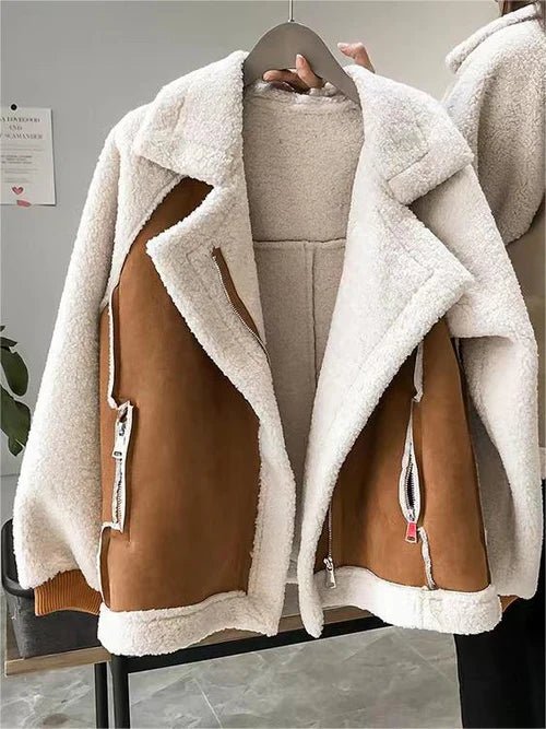 Women's Oversized Suede Moto Jacket - Brown
