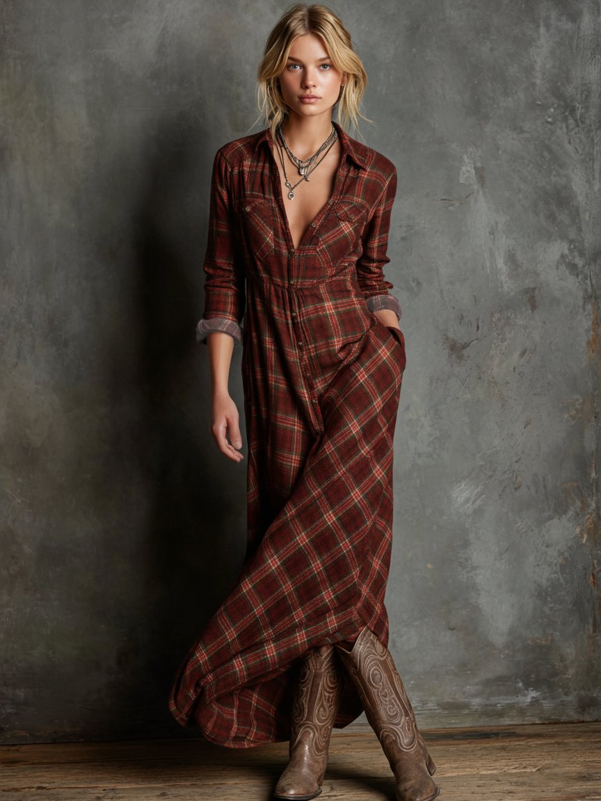 Women's Plaid Maxi Shirtdress Shirt - Red
