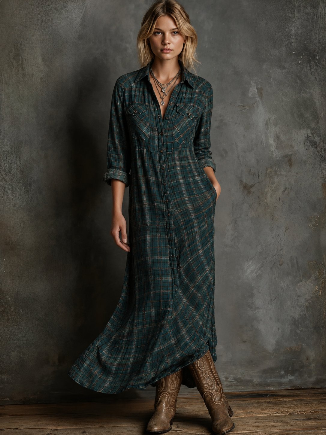 Women's Plaid Maxi Shirtdress Shirt - Green