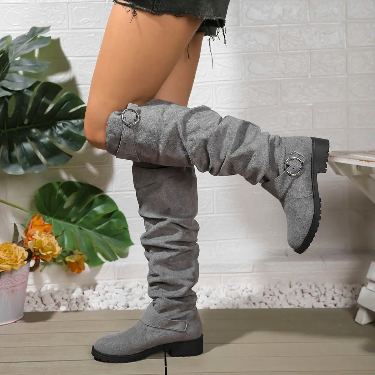 Women's Suede Over-the-Knee Boots - Light Grey