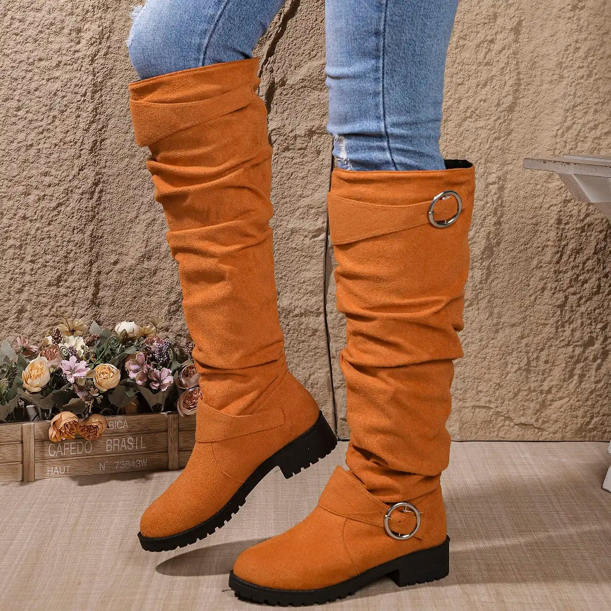 Women's Suede Over-the-Knee Boots - Orange