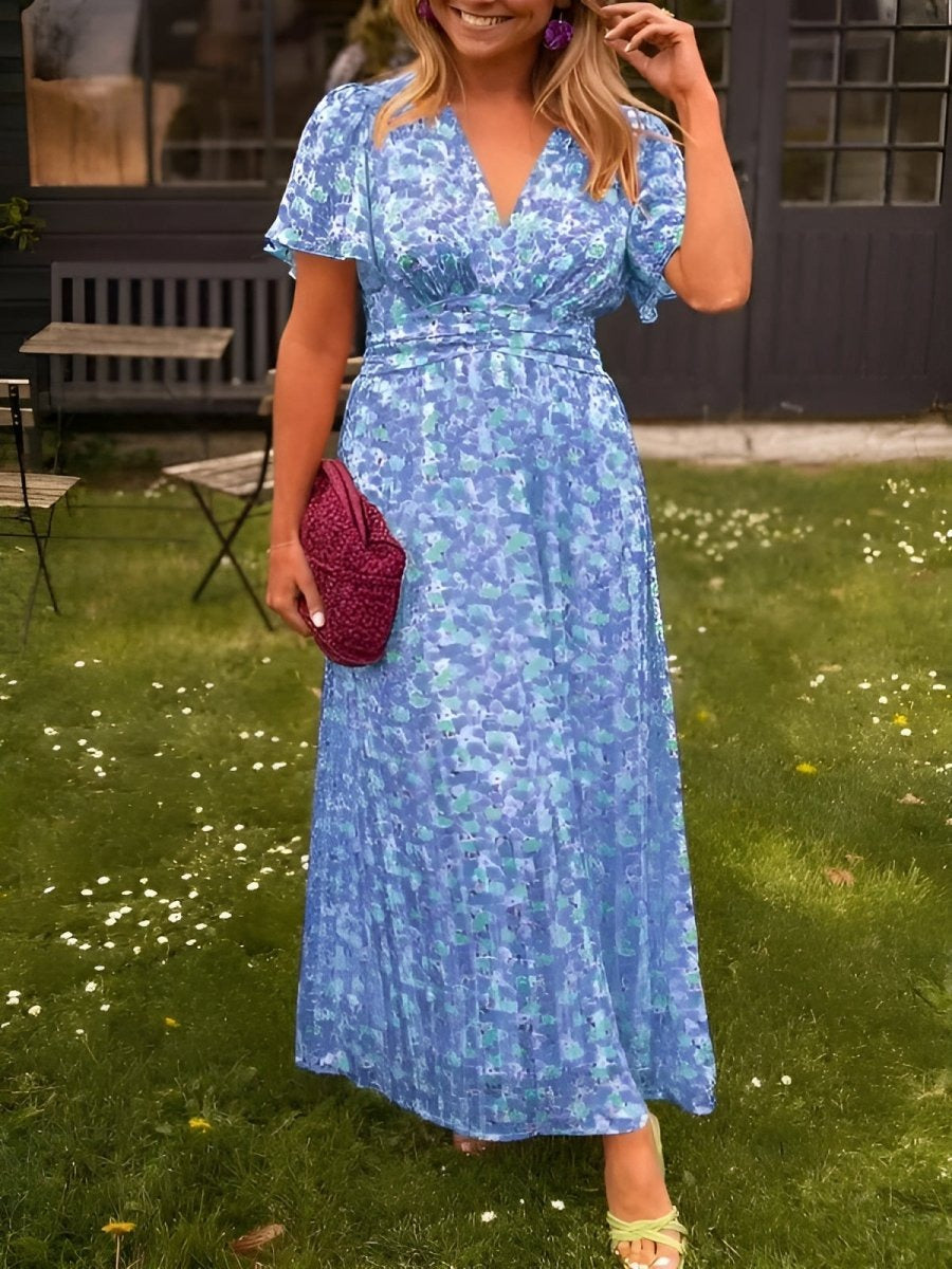Floral Flutter Sleeve Maxi Dress - Blue