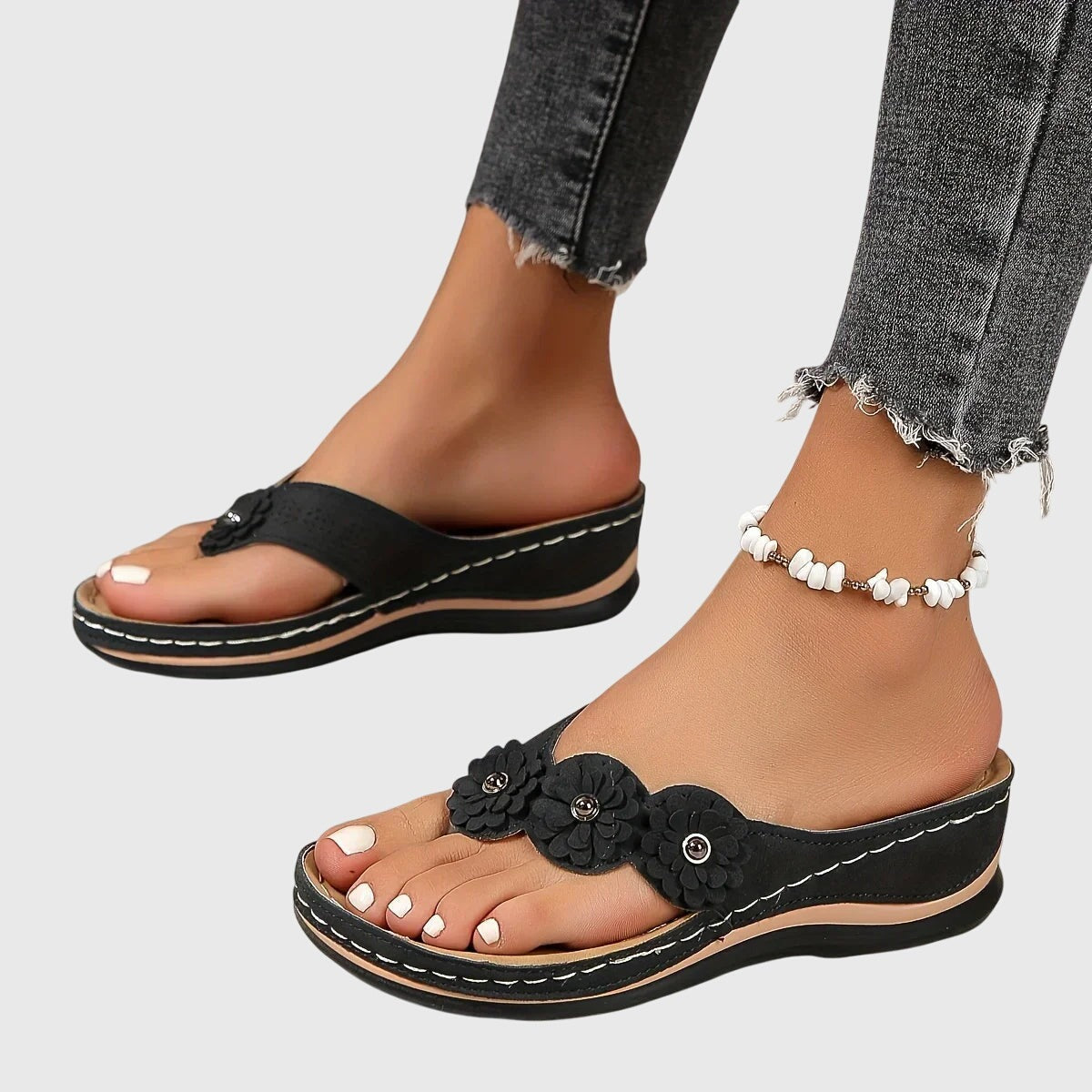 Floral Orthopedic Flip Flops - Black