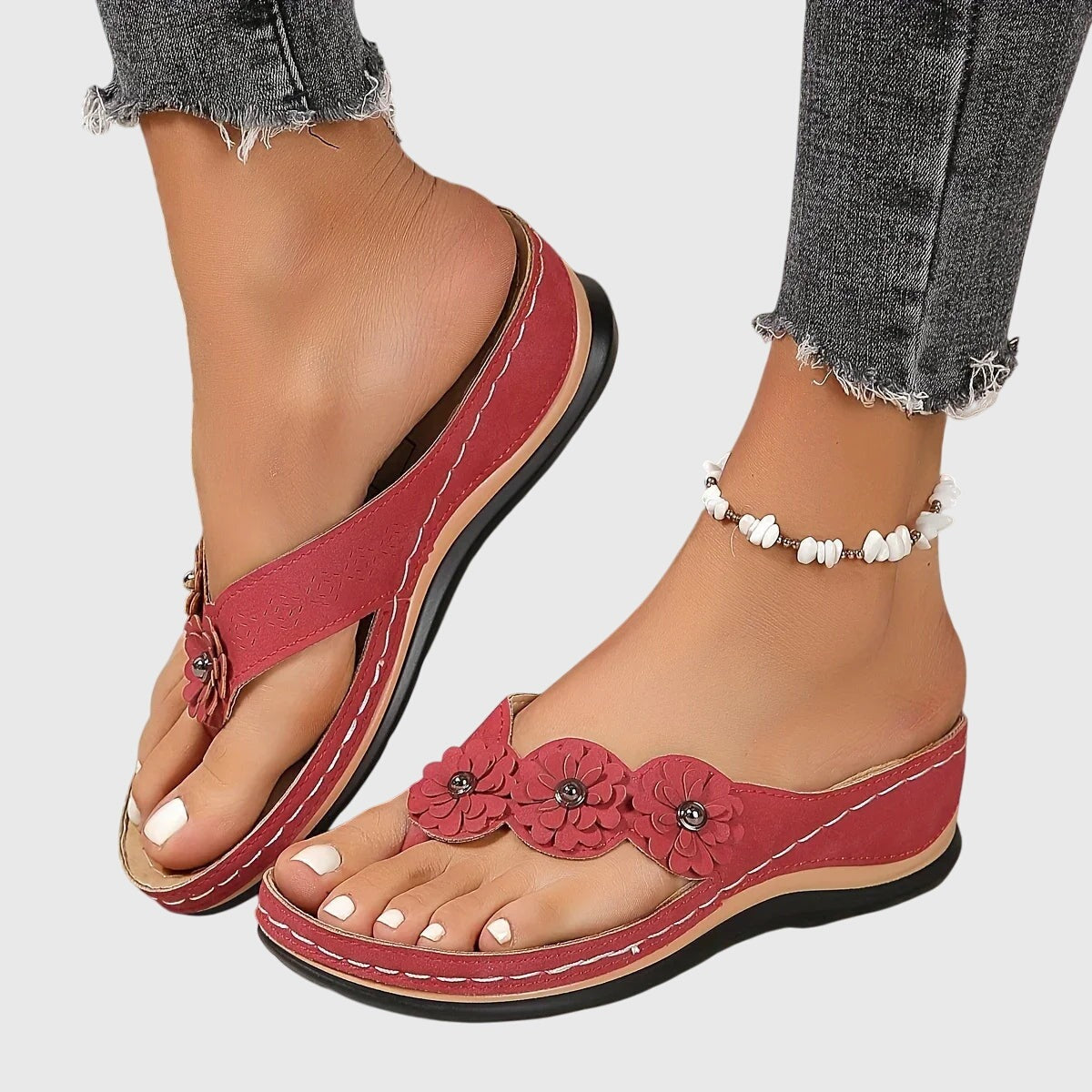 Floral Orthopedic Flip Flops - Red