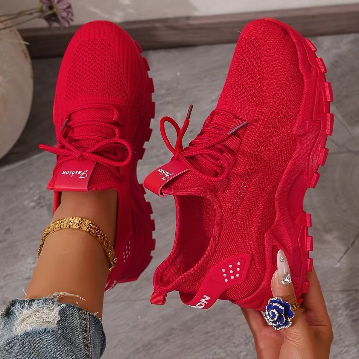 Women's Knit Platform Sneakers - Red