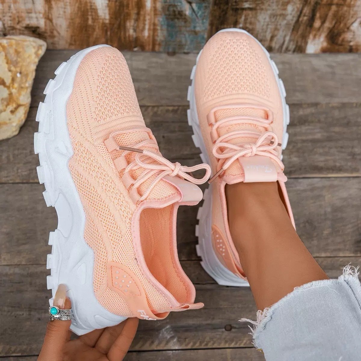 Women's Knit Platform Sneakers - Peach